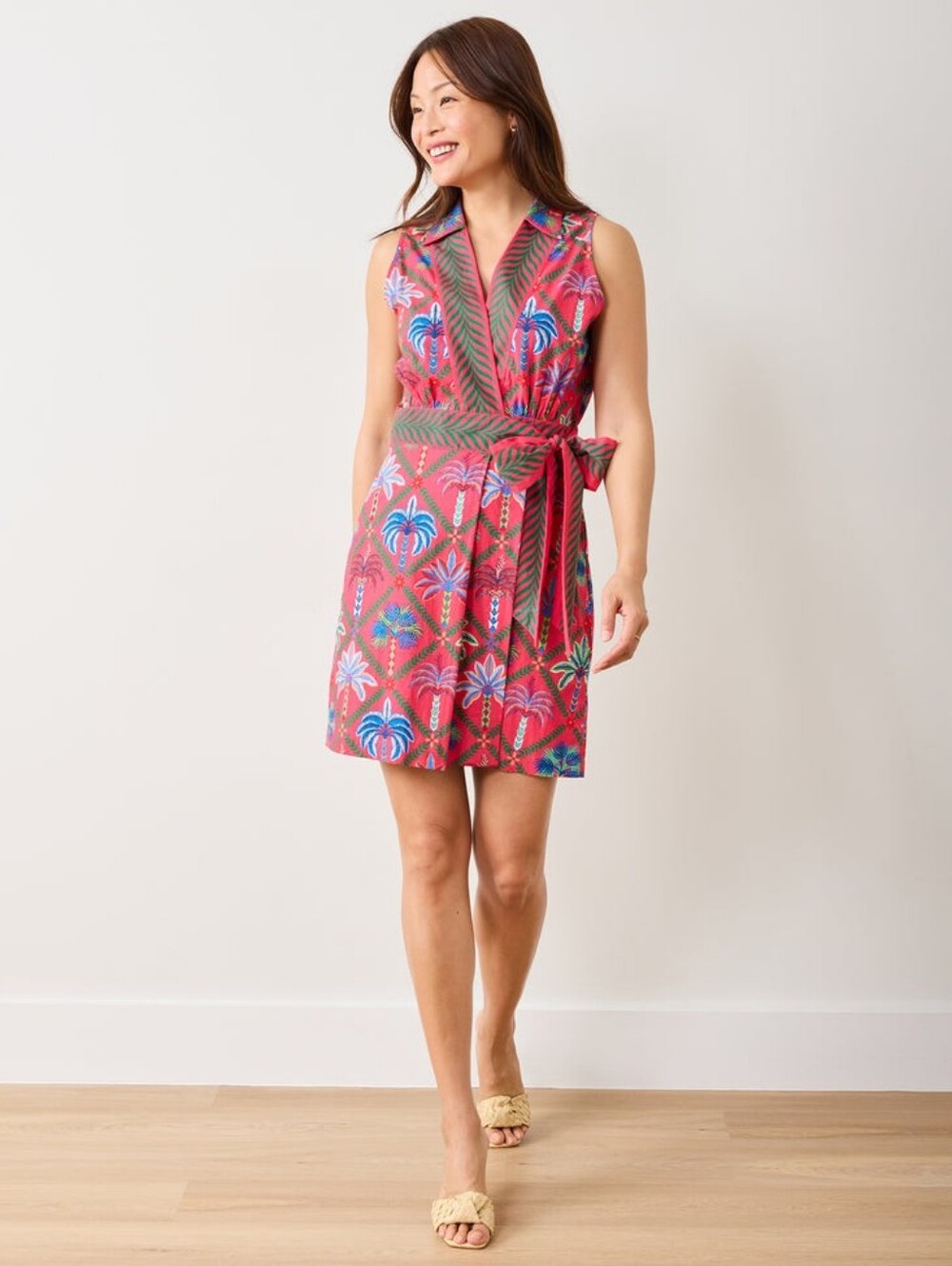 NWT Printfresh Lucia Palm Tree Paradise Sleeveless Wrap Dress Organic Cotton M